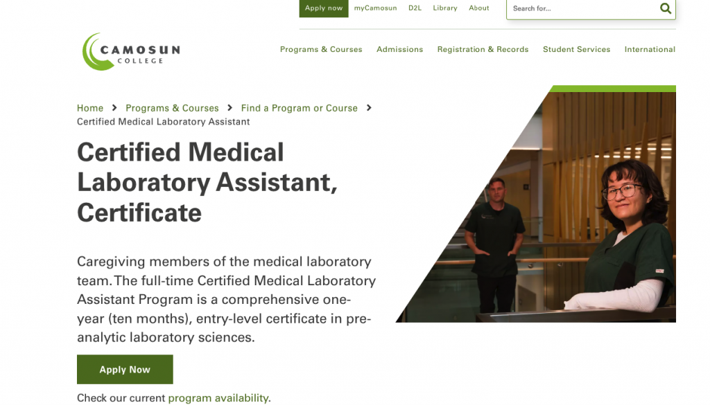 Camosun College Certified Medical Laboratory Assistant, Certificate